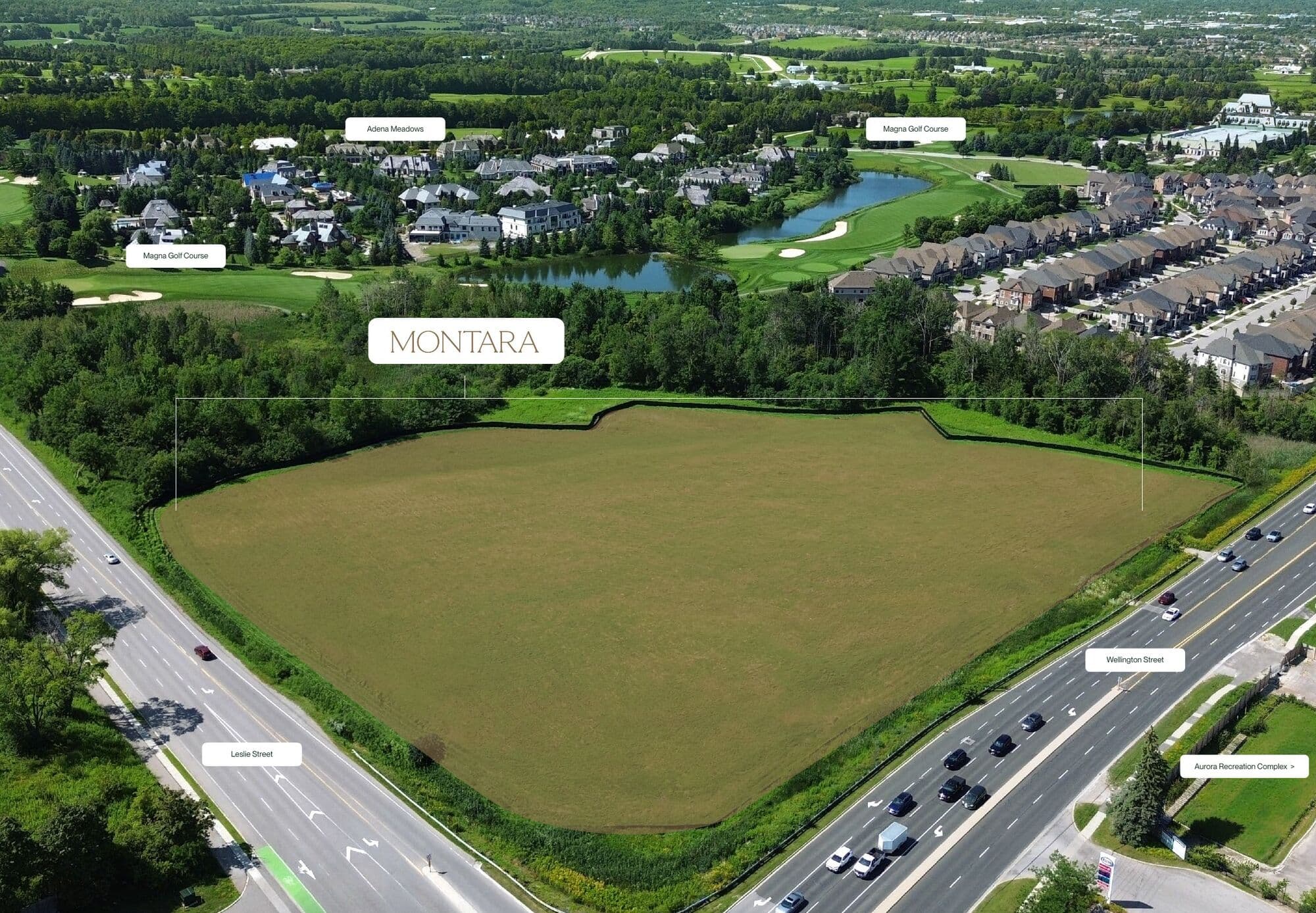 Aerial view of the Montara site at Leslie Street and Wellington Street East, with Magna Golf Club beyond