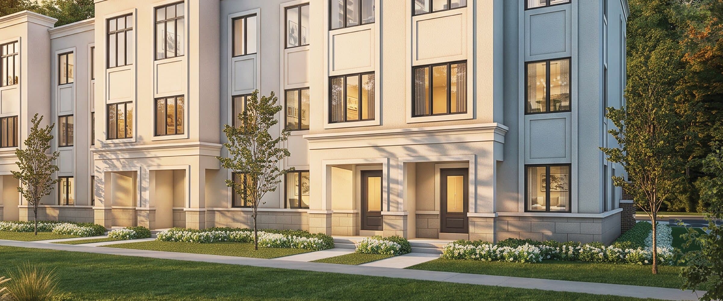 Rendering of Montara townhomes at dusk — entries and streetscape